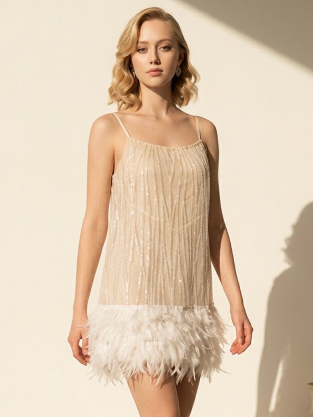 Feather-Hem embellished Spaghetti-Strap Mini Dress - Cream